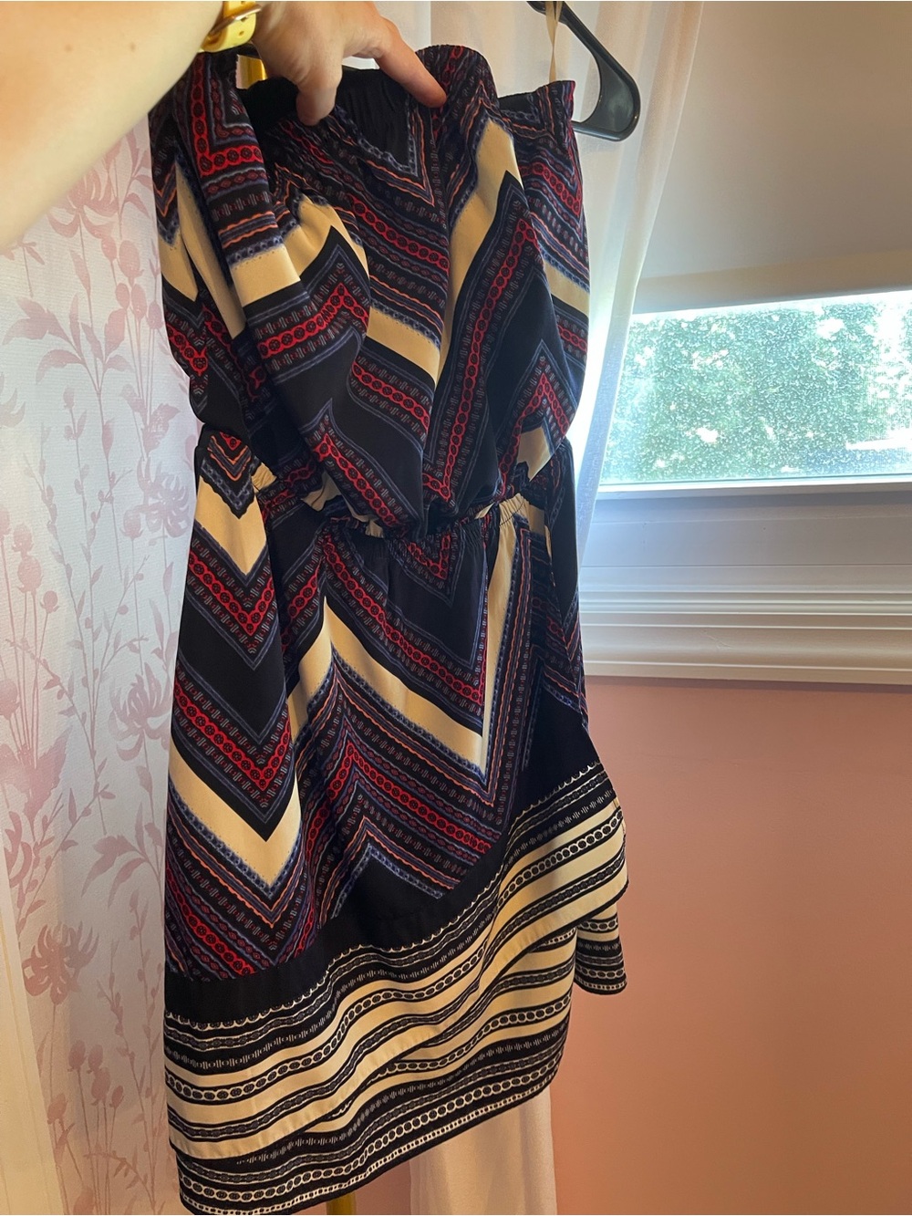 Express Strapless Chevron Dress in Navy, Red & Cream